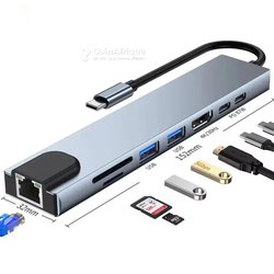 Adaptateur multi port 8 en 1 / hub 8 en 1 / adaptateur type C vers RJ45 ; HDMI; USB 3.0; USB C; carte mémoire 